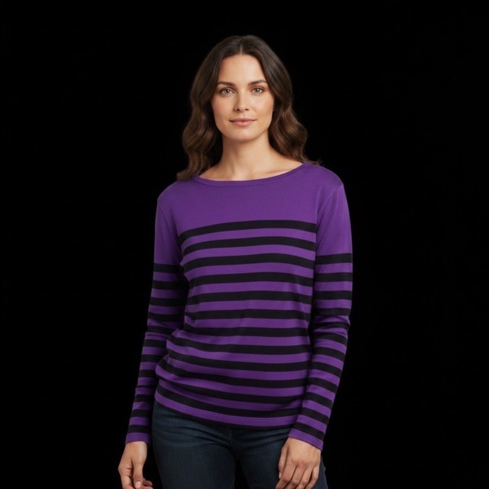 Lauren Ralph Lauren Womens Purple‎ Black Striped Boat Neck Cotton Top M Preppy